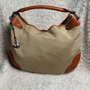 Lauren Ralph Lauren fabric khaki and leather tan trims &strap Hobo shoulder bag